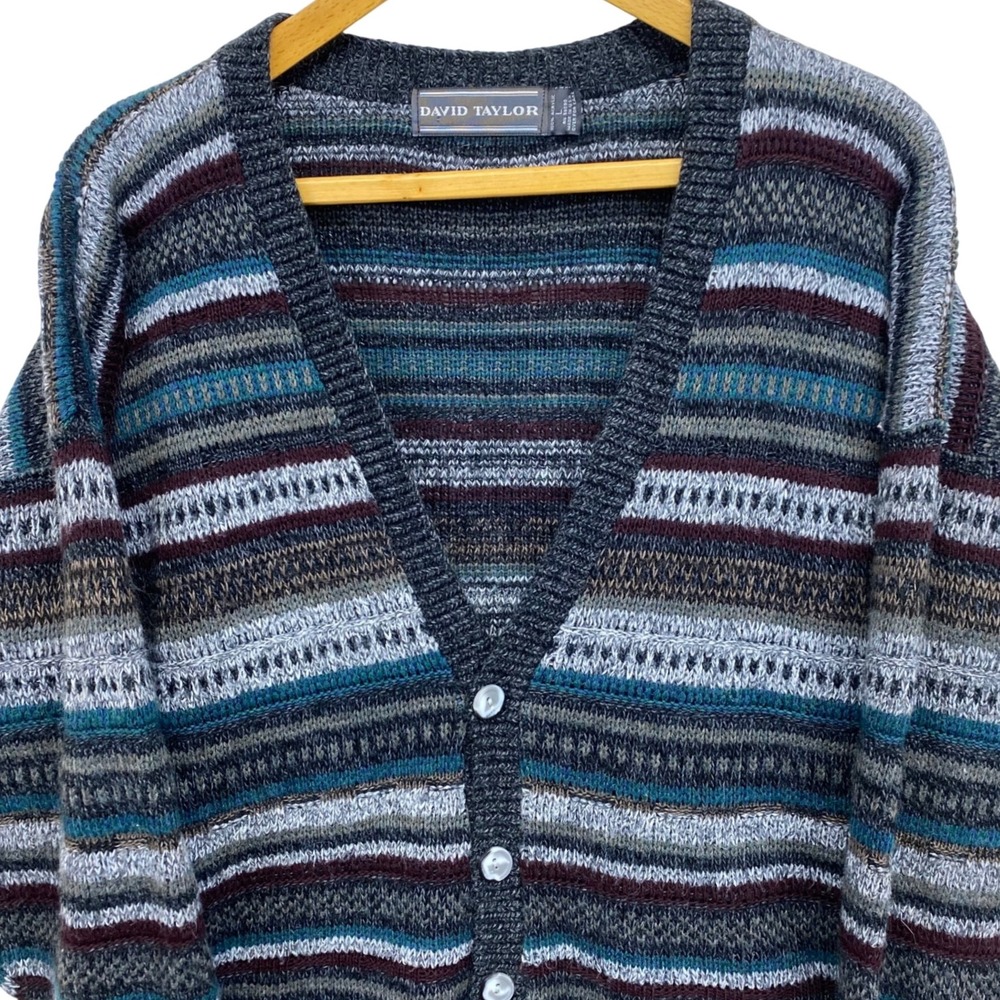 Vintage David Taylor Striped Button Front V Neck‎ Cardigan Sweater Women Large